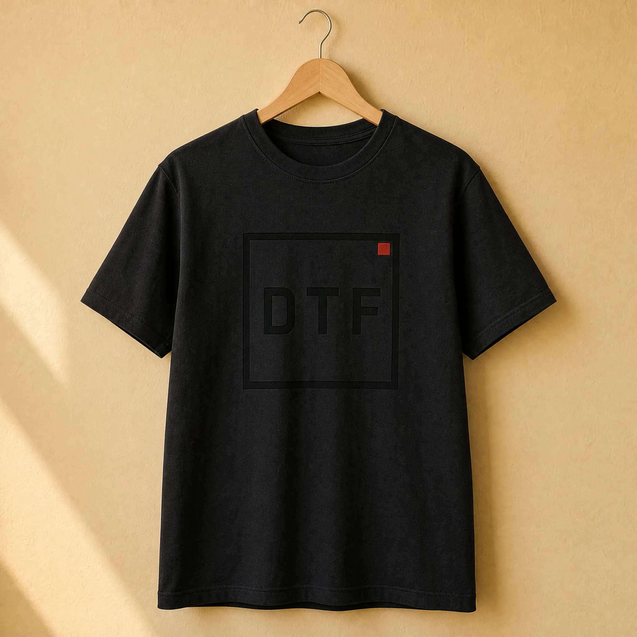 Musta DTF-paita puisella henkselillä — DTF-ruutu ja punainen piste