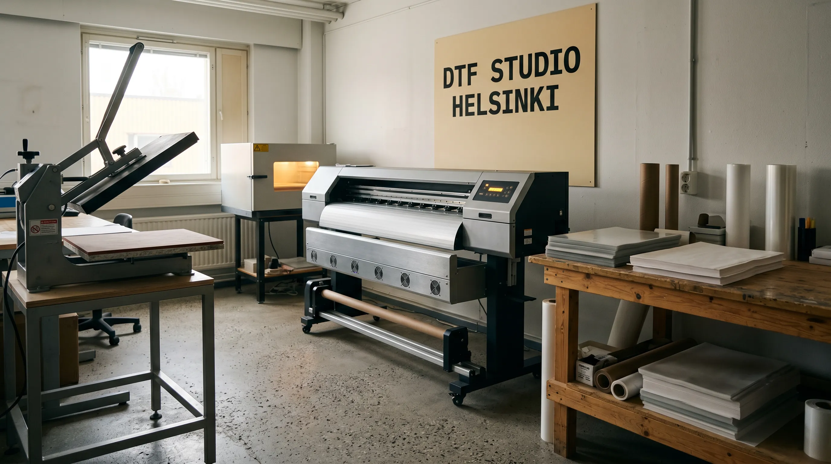 DTF Studio Helsinki — Konalan studio ja DTF STUDIO HELSINKI -seinäkyltti
