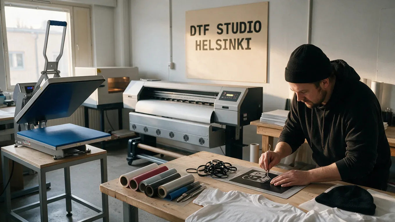 Painatusteknikko työstää tummaa arkkia työpöydällä, jonka päällä on värillisiä HTV-rullia; taustalla lämpöpuristin ja tulostin studion työtilassa