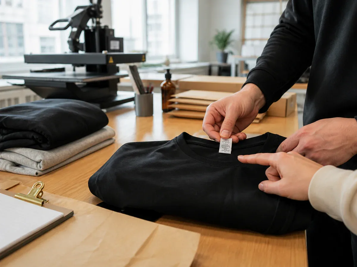 Kädet tarkistavat mustan paidan hoito- ja materiaalimerkintää ennen painatusta